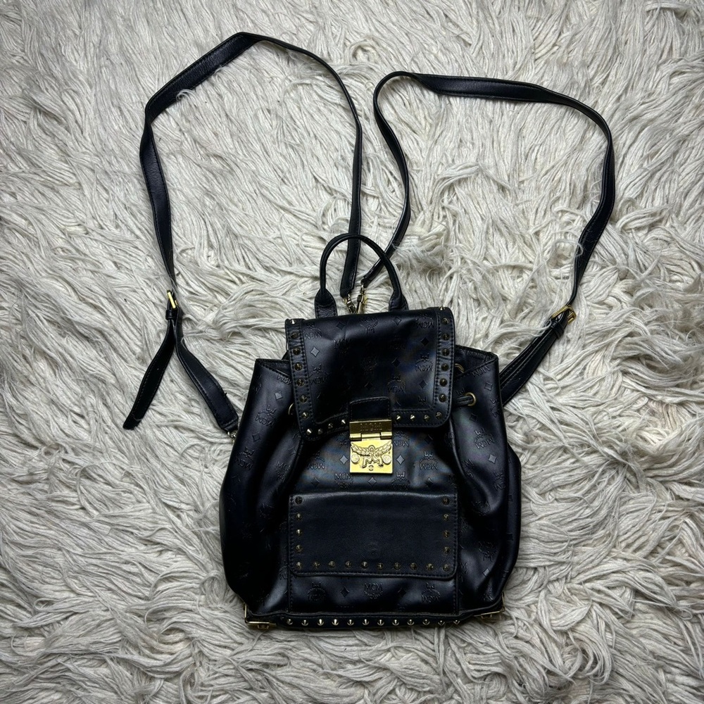 Authentic MCM Coated Canvas and Leather Studded Drawstring Backpack